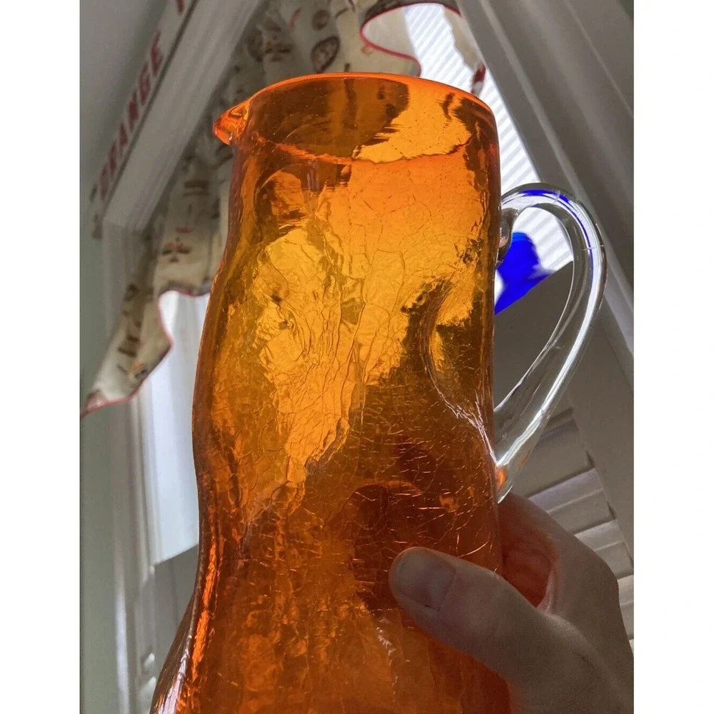 Vintage Blenko crackle glass dimpled tall pitcher Amberina orange clear handle